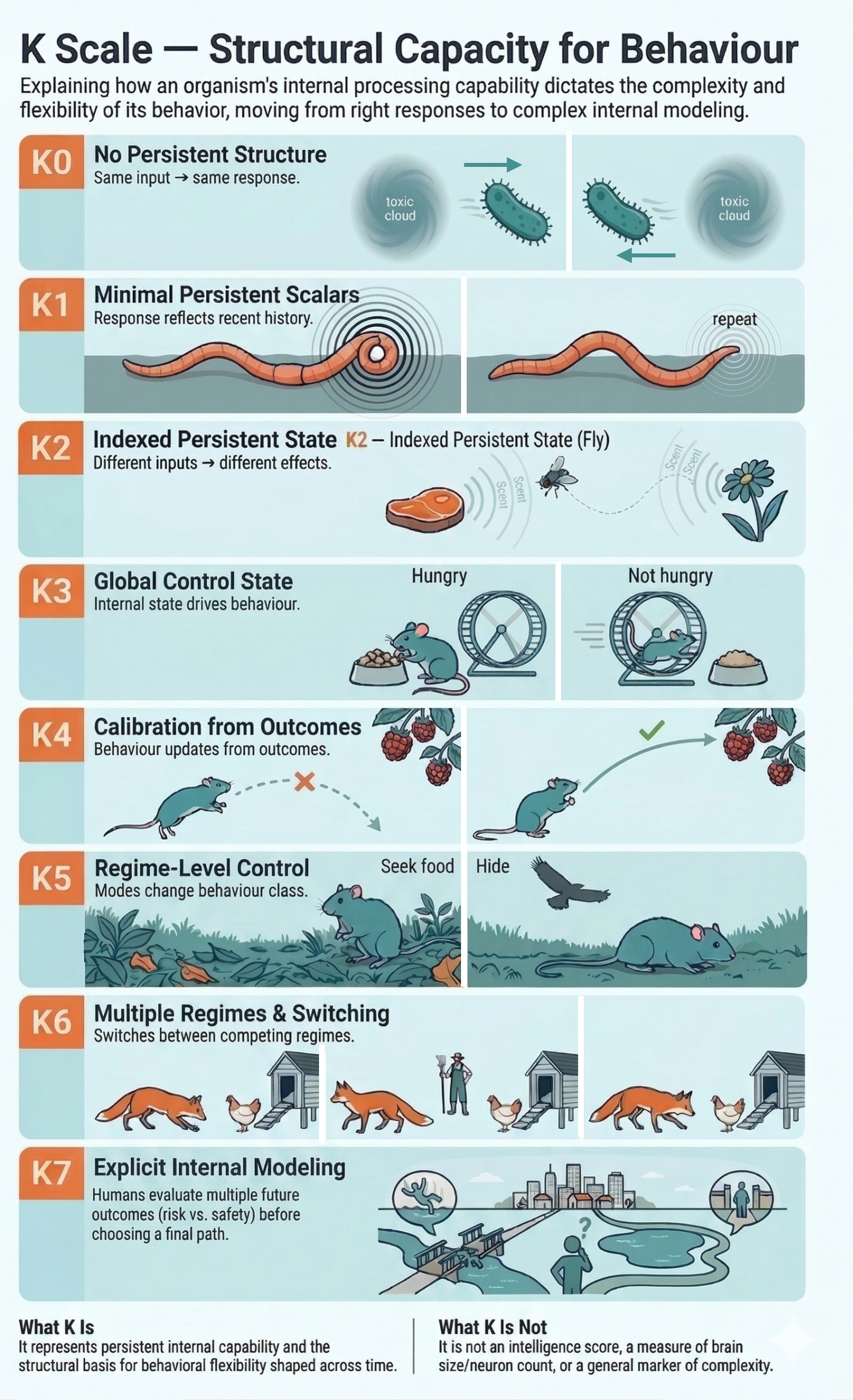 K Scale infographic showing behavioural progression from K0 same-input same-response through K7 explicit internal modelling