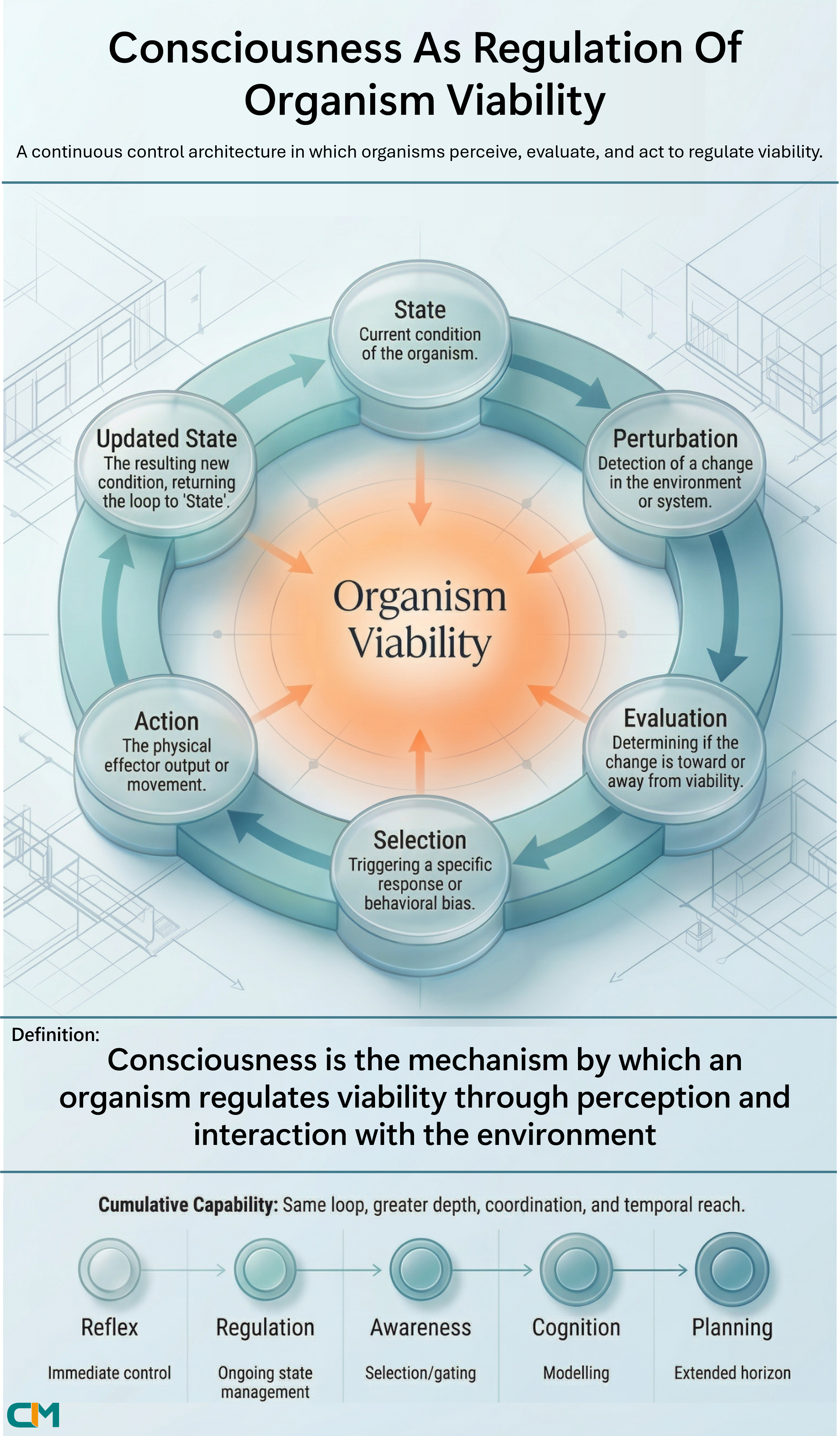 Consciousness as regulation of organism viability through a continuous control loop of state, perturbation, evaluation, selection, action, and updated state