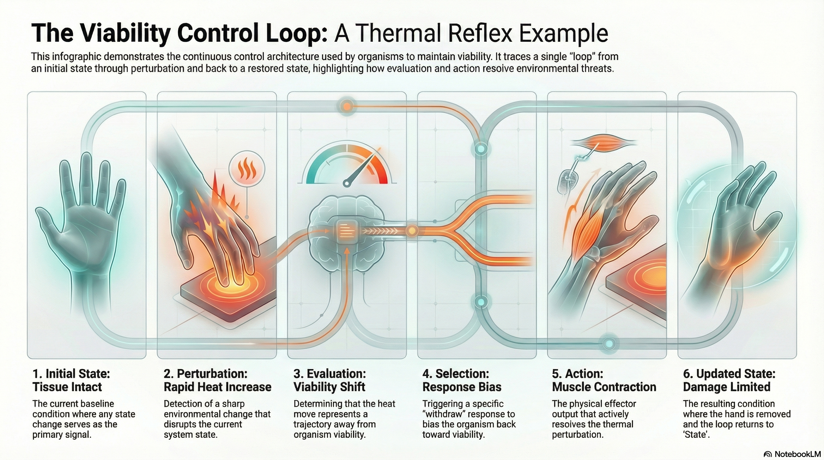 Viability control loop illustrated through a thermal reflex example showing state, perturbation, evaluation, selection, action, and updated state
